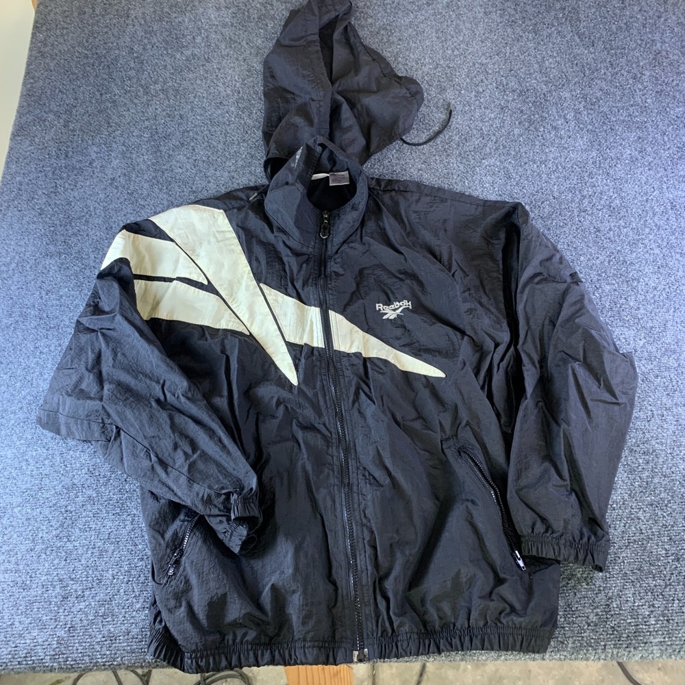 Vintage 90s Reebok Track Jacket Men's Medium Black Nylon Retro, Hooded Collar
